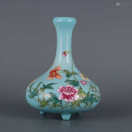 Three-legged mustard vase with pastel enamel peony pattern o...