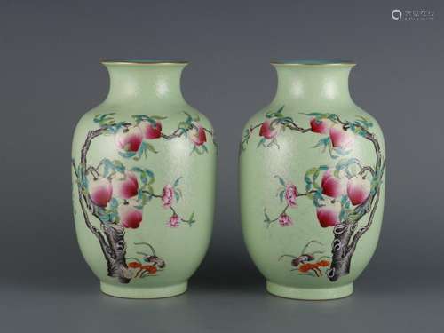 A pair of green land rolling pastel nine peach pattern lante...