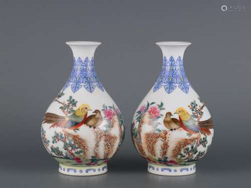 A Pair of Enamel Colored Pheasant Pheasant and Peony Pattern...