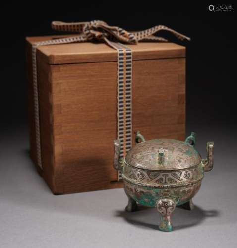 Chinese Spring and Autumn Silver Inlaid Bronze Censer