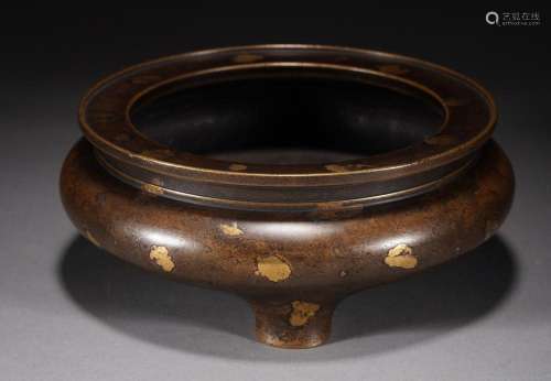 Chinese Qing Inlaid Gold Copper Round Censer