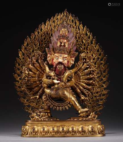 18/19th C. Tibetan Gilt bronze Standing Statue of Yamantaka