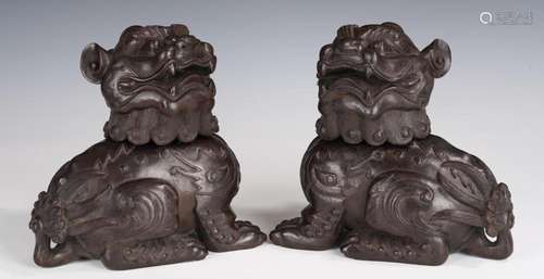 A Pair of Zitan Sandalwood Beasts