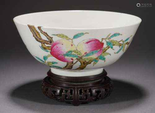 Chinese Qing Famille Rose Longevity Peach Bowl