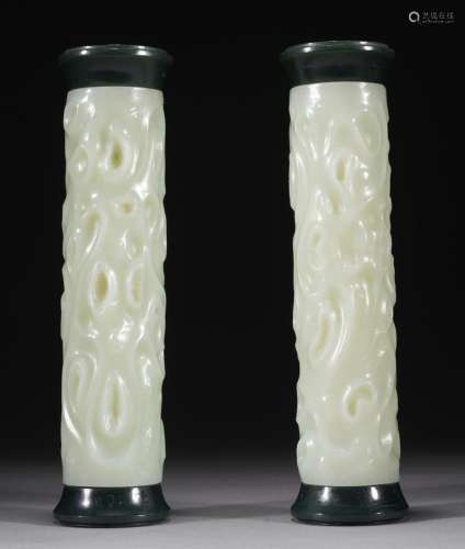 A Pair of White Jade Tree Incense Tubes, Qing