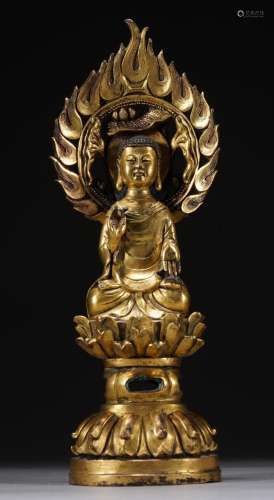 Chinese Tang or Later Bronze Gilt seated Buddha