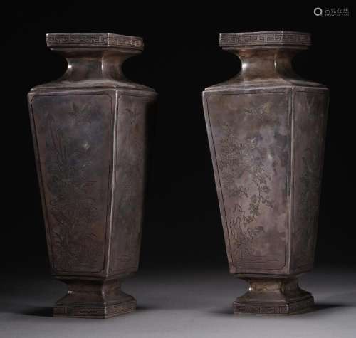 Pair of sterling silver engraved flower vases