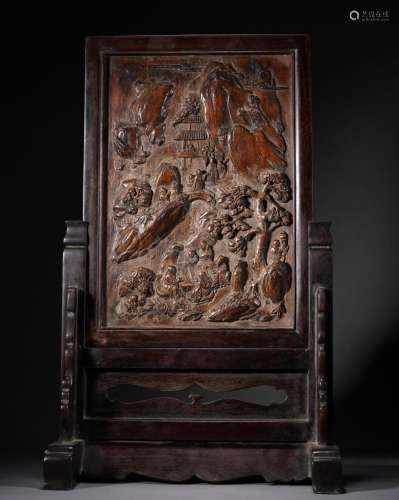 Agarwood Carved Mountain Table Screen