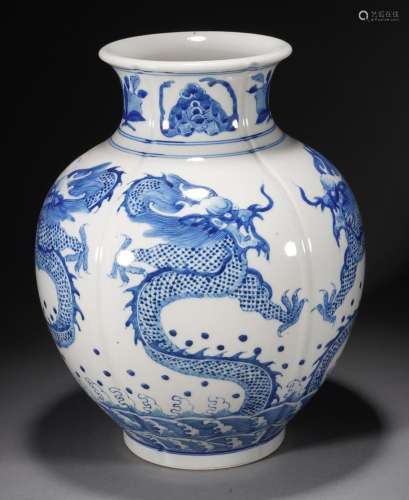 Chinese Qing Blue and White Cloud and Dragon Vase