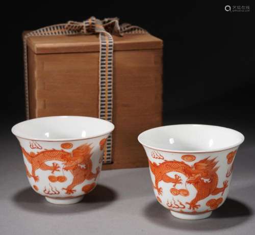 A Pair of Qing Red Enamel Dragon Cups