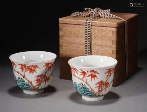 Pair Of Famille Rose Bamboo Cups