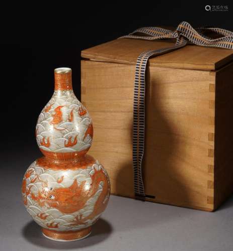 Qing Alum Red Gold Dragon Pattern Gourd Vase