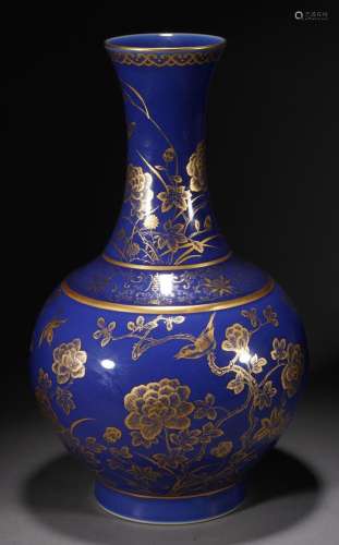 Chinese Qing Blue Ground Gilt Flower and Bird Vase