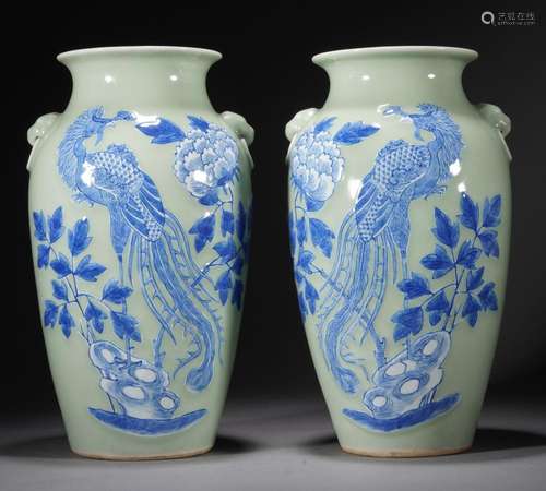 Pair of Vases with Blue and White Phoenix Decorations