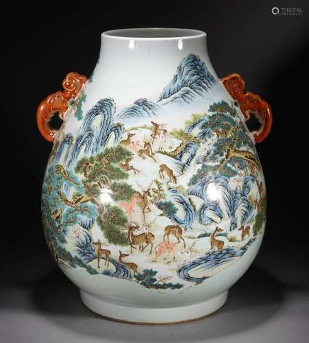 Chinese Qing Famille Rose Hundred Deer Zun Vase