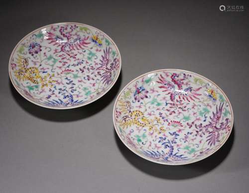 Pair of Qing Famille Rose Kui-Phoenix Plates