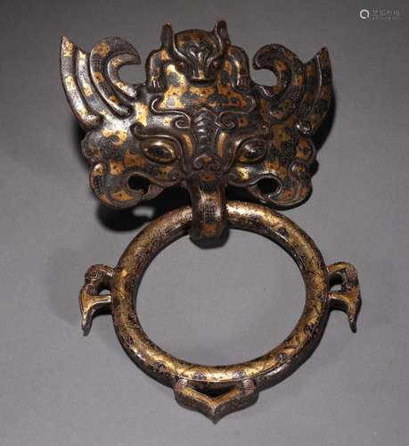 Chinese Han Dynasty Bronze Gold and Silver Handle