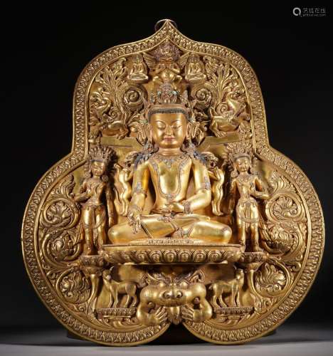 Large Gilt Bronze Figure of Shakyamuni Buddha and His Deitie...