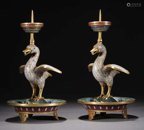 A Pair of Qing Cloisonne Enamel Goose Candlesticks