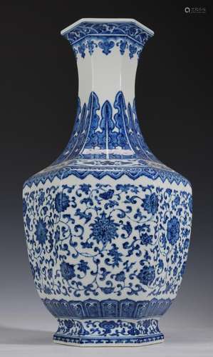 Large Chinese Qing Blue and White Hexagonal Vase