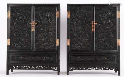 A Pair of Zitan Sandalwood Cloud and Dragon Pattern Cabinets