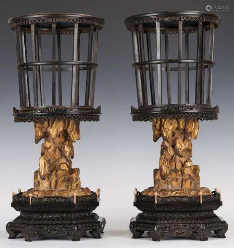 A Pair of Qing Zitan Sandalwood Lacquer and Gold Palace Lant...
