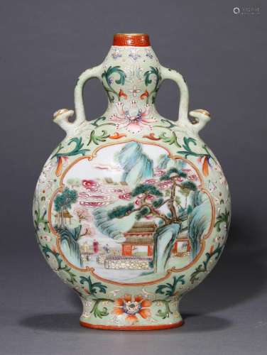 Chinese Qing Famille Rose Landscape Gourd Vase