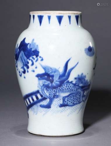 Chinese Ming Blue and White Mythical Beast Jar