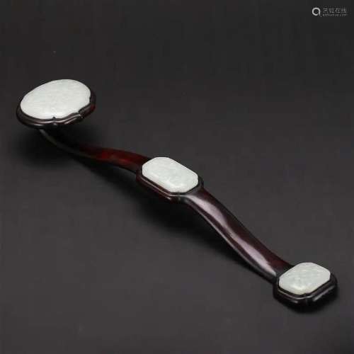 A WHITE JADE-INLAID ZITAN WOOD RUYI SCEPTRE