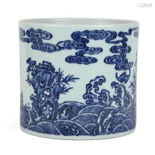 A BLUE AND WHITE 'LANDSCAPE AND FIGURE' BRUSHPOT