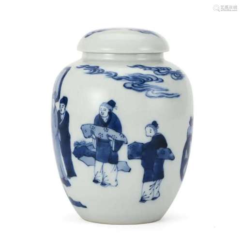 A BLUE AND WHITE 'FIGURE' TEA CADDY