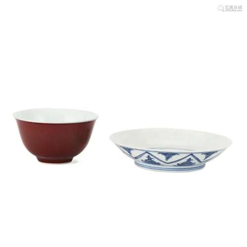 TWO PIECES OF PORCELAIN WARE, A BOWL AND A DISH