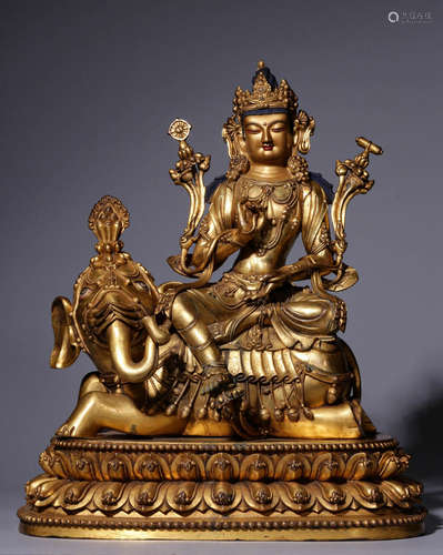 In the Qing Dynasty, the bronze gilded sitting statue of Sam...