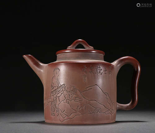 Qing Dynasty, Purple Sand Carved Character Stories Teapot