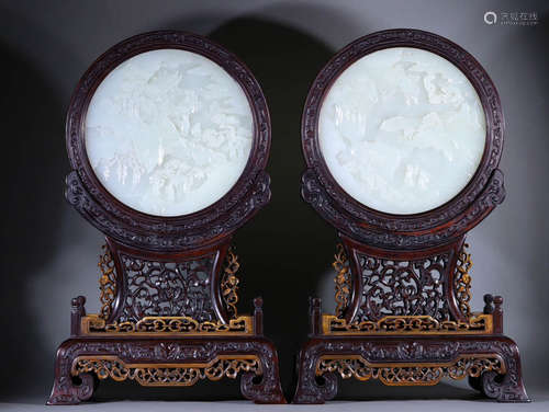 In the Qing Dynasty, Hotan Jade, a pair of white jade screen...