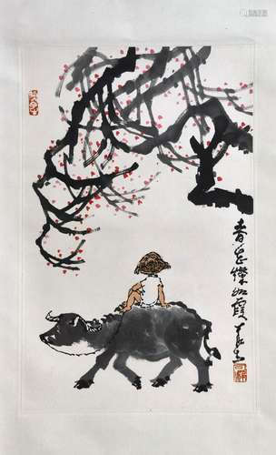 CHINESE SCROLL PAINTING OF BOY ON OX SIGNED BY LI KERAN