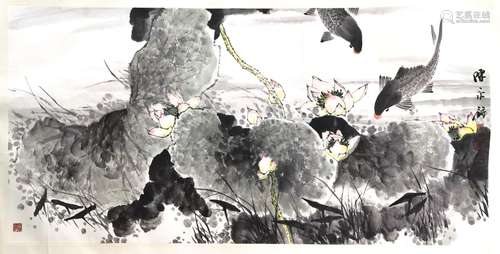 CHINESE SCROLL PAINTING OF LOTUS AND FISH SIGNED BY CHENG YO...