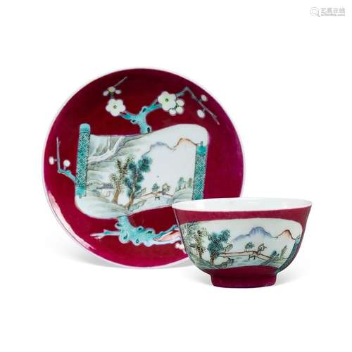 CHINESE PORCELAIN RED GROUND FAMILLE ROSE MOUNTAIN VIEWS CUP...