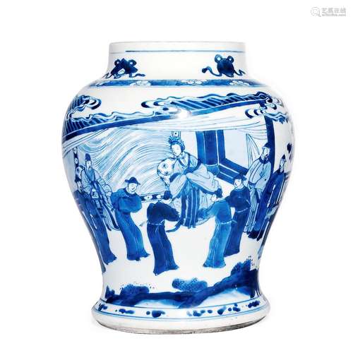 CHINESE PORCELAIN BLUE AND WHITE FIGURES AND STORY JAR