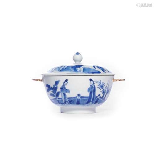 CHINESE PORCELAIN BLUE AND WHITE BEAUTY IN GARDEN LIDDED BOW...