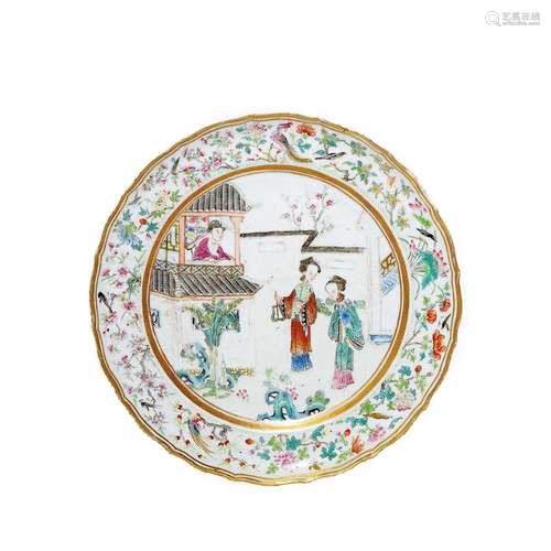 CHINESE PORCELAIN FAMILLE ROSE BEAUTY IN GARDEN PLATE