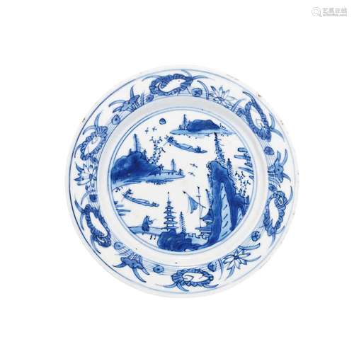 CHINESE PORCELAIN BLUE AND WHITE RIVER VIEWS PLATE