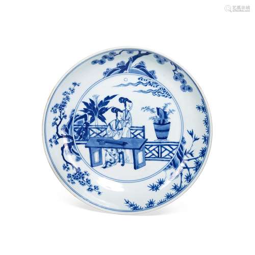 CHINESE PORCELAIN BLUE AND WHITE BEAUTY IN GARDEN PLATE