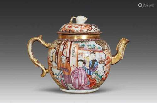 CHINESE PORCELAIN FAMILLE ROSE FIGURES AND STORY TEA POT MID...