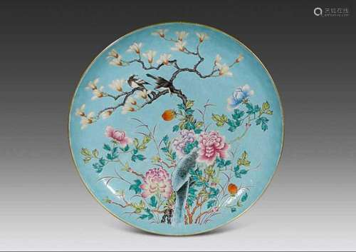 CHINESE PORCELAIN FAMILLE ROSE BIRD AND FLOWER PLATE QING DY...