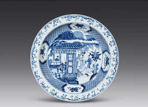 CHINESE PORCELAIN BLUE AND WHITE FIGURE AND STORY PLATE QING...