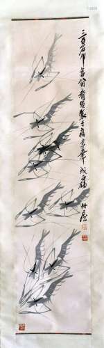 CHINESE SCROLL PAINTING OF SHRIMP SIGNED BY QI BAISHI