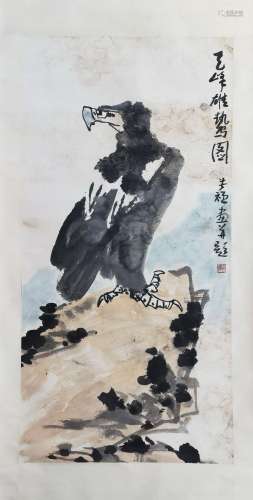 CHINESE SCROLL PAINTING OF EAGLE ON ROCK SIGNED BY LI KUCHAN