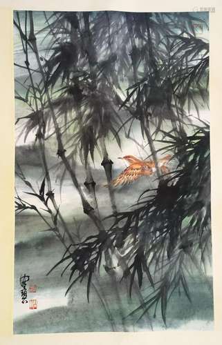 CHINESE SCROLL PAINTING OF BIRD AND BAMBOO SIGNED BY CHEN PE...