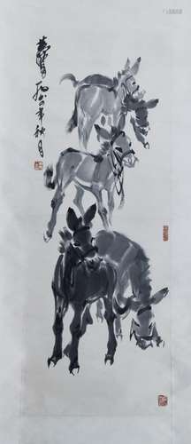 CHINESE SCROLL PAINTING OF DONKEY SIGNED BY HUANGZHOU